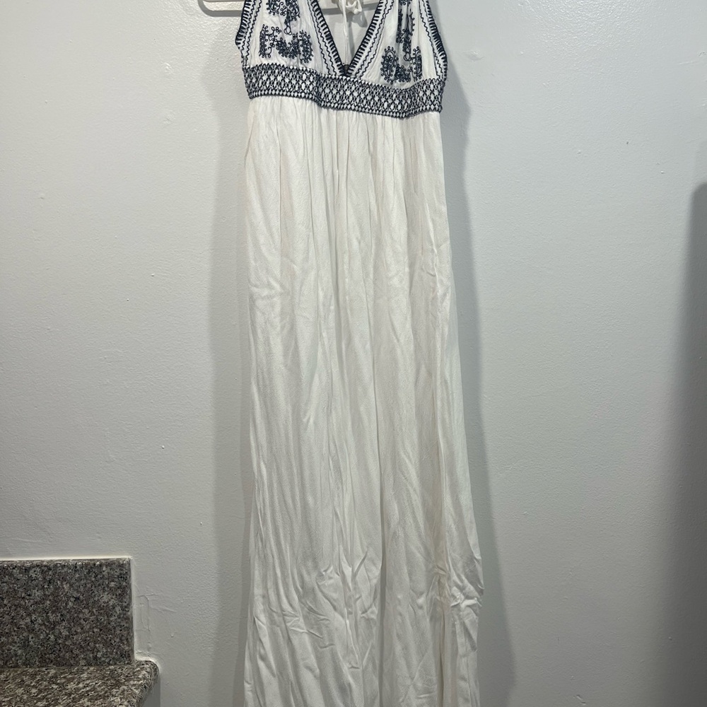 Lulu's White Maxi Dress with Blue Embroidery